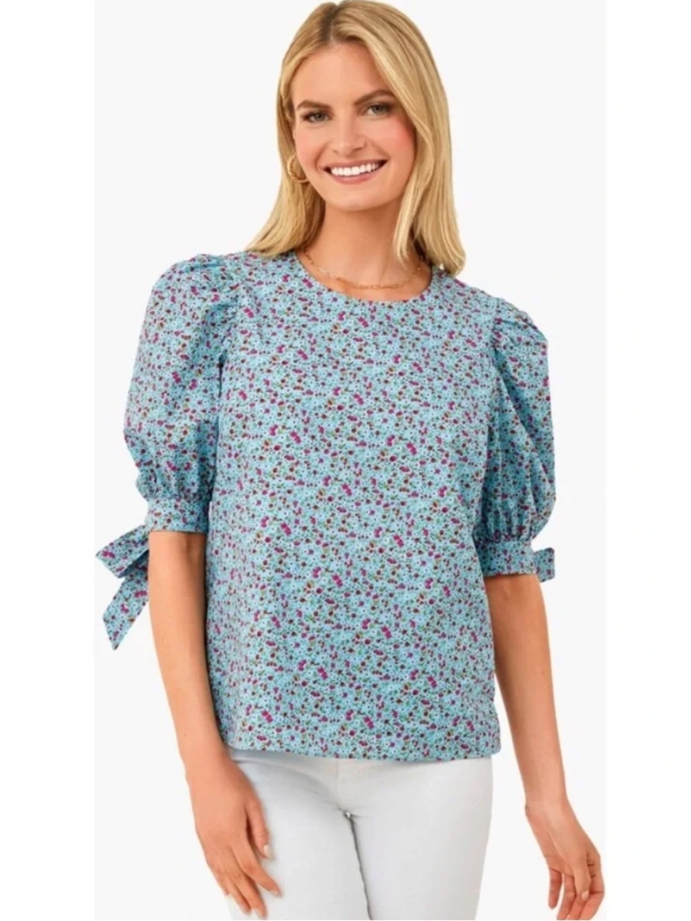 Tuckernuck Hyacinth House Fiona Blouse XS Blue Pink Floral Puff Sleeve Feminine
